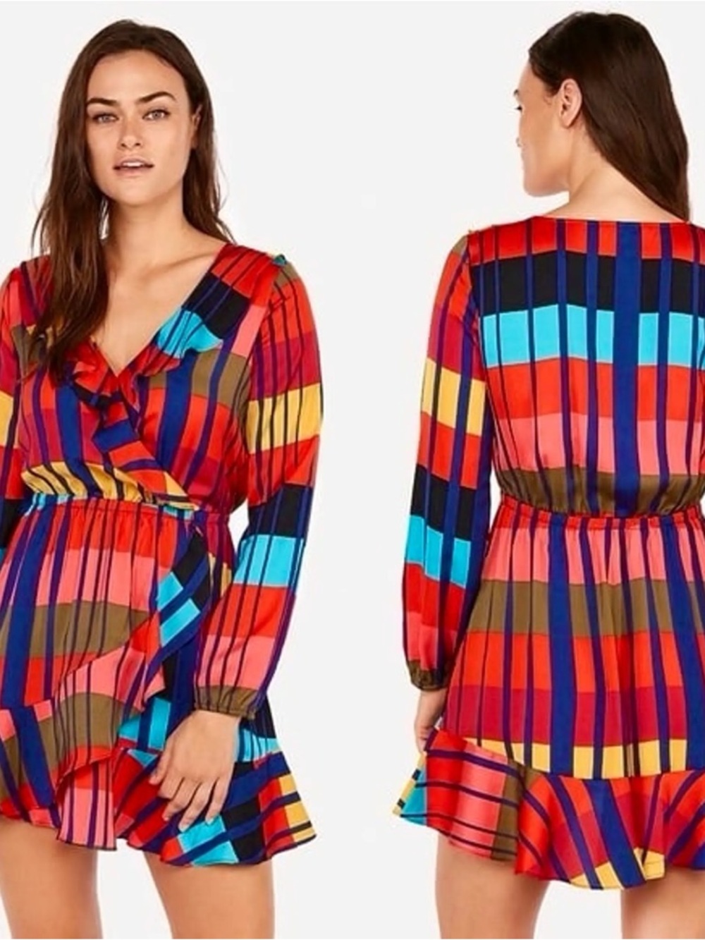 Express Surplice V-Neck Faux Wrap Longsleeve Dress Multicolor Size Large